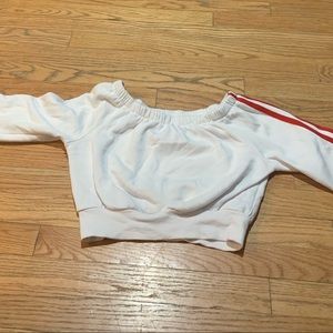 Garage crop top off the shoulder race car stripe top